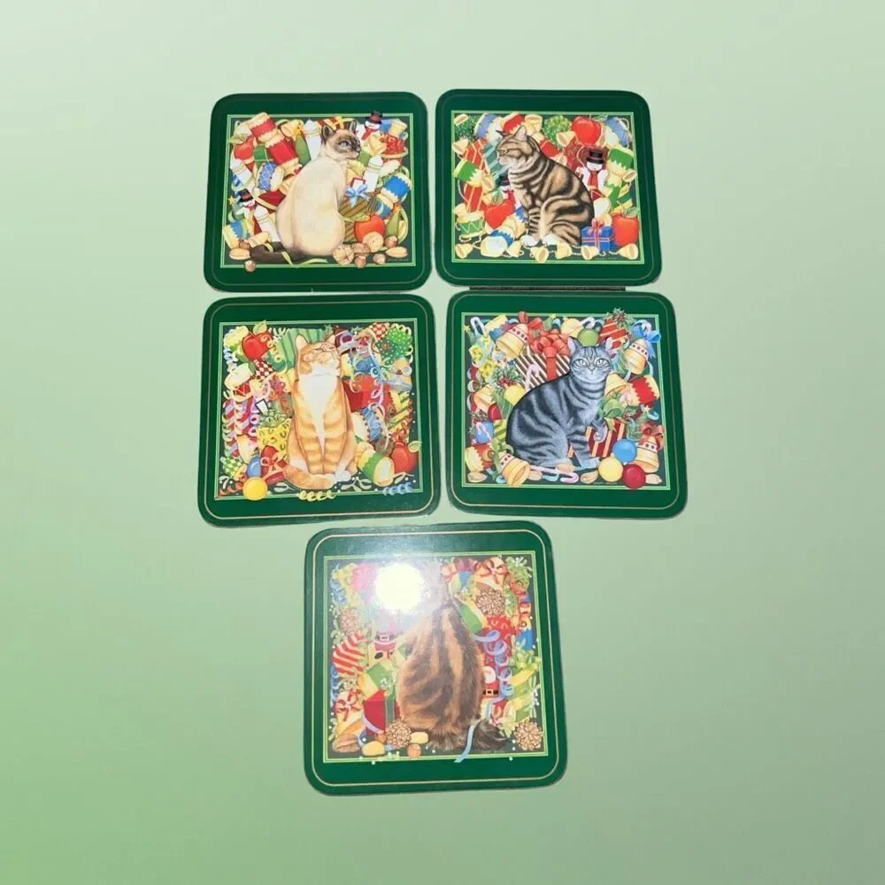 Set of 5 Pimpernel Christmas Cat Coaster Collection Cork Back Siamese Tabby B12